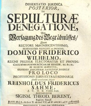 Dissertatio Juridica ..., De Sepulturæ Denegatione, Von Versagung des Begräbnüsses. 2, Dissertatio Iuridica Posterior