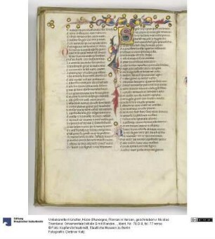 Hüon d'Auvergne, Roman in Versen, geschrieben v. Nicolas Trombeor. Ornamentale Initiale S mit Randverzierung