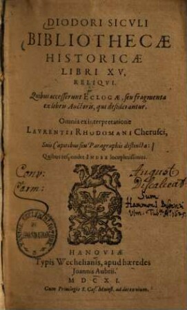 Bibliothecae historicae libri XV, reliqui