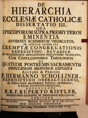 De hierarchia ecclesiae catholicae : dissertatio III. qua episcoporum supra presbyteros eminentia adversus Böhmerum vindicatur