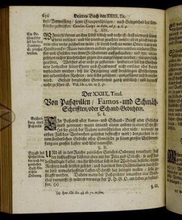 Der XXVIIX. Titul. Von Paßquillen, Famos- und Schmäh-Schrifften oder Schand-Gedichten.