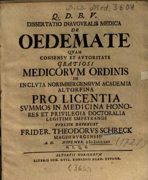 Dissertatio Inavgvralis Medica De Oedemate
