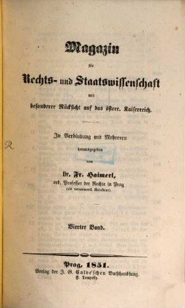 Magazin für Rechts- und Staats-Wissenschaft mit besonderer Rücksicht auf das Österreichische Kaiserreich, 4. 1851