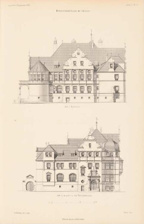 Kreisständehaus, Gnesen: Ansichten Bahnhofstraße, Hofseite (aus: Atlas zur Zeitschrift für Bauwesen, hrsg. v. Ministerium der öffentlichen Arbeiten, Jg. 50, 1900)