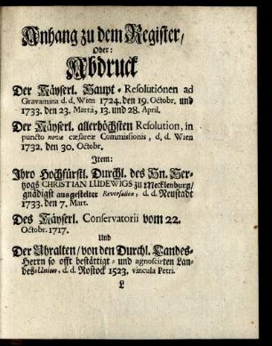 Anhang zu dem Register/ Oder: Abdruck ...