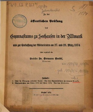 Zu der öffentlichen Prüfung des Gymnasiums zu Seehausen i.A. am ... ladet ergebenst ein. 1873/74