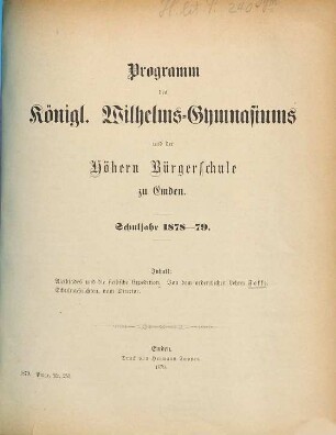 Programm des Königl. Wilhelms-Gymnasiums zu Emden : Schuljahr .... 1878/79