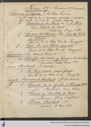 Handschriftliches Inhaltverzeichnis des Bandes