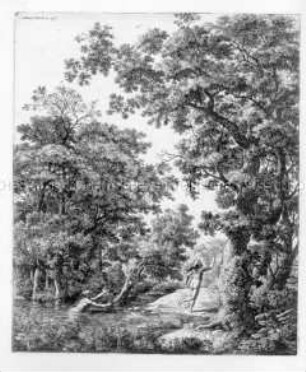 Der Flussgott Alpheus (im Weiher) verfolgt die Nymphe Arethusa (Nr. 1 einer Folge mythologischer Darstellungen)