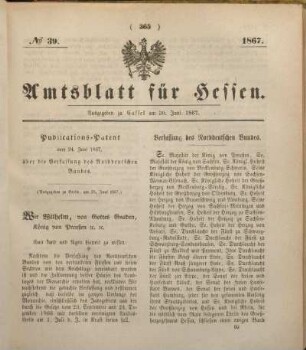 № 39. Ausgegeben zu Cassel am 30. Juni 1867.