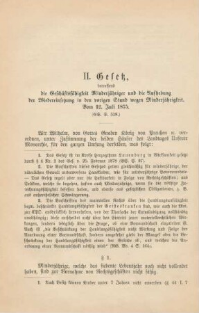 II. Gesetz, betreffend die Geschäftsfähigkeit Minderjähriger und die Aufhebung der Wiedereinsetzung in den vorigen Stand wegen Minderjährigkeit