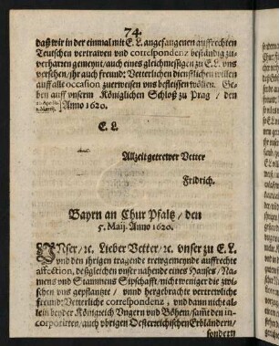 74-84, Bayrn an Chur Pfaltz den 5. Maij Anno 1620