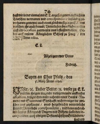 74-84, Bayrn an Chur Pfaltz den 5. Maij Anno 1620