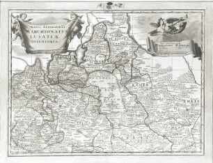 Mappa geographica marchionatus Lusatiae inferioris (Karte der Niederlausitz) : Mappa geographica marchionatus Lusatiae inferioris (Karte der Niederlausitz). Kupferstich; 280 x 366 mm (1714; J. L. Blank). Dresden: SLUB Tab.geogr.B.sax.F.203 (A14 013)