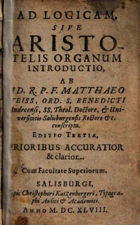 Ad Logicam, Sive Aristotelis Organum Introductio