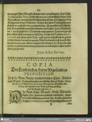 Copia Der Keyserlichen Herrn Abgesandten Proposition