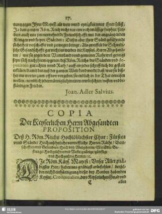 Copia Der Keyserlichen Herrn Abgesandten Proposition