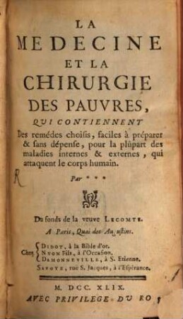 La médecine et la chirurgie des Pauvres