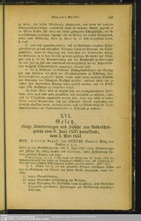 XVI. Gesetz, einige Abänderungen und Zusätze zum Volksschulgesetze vom 6. Juni 1835 betreffend; vom 3. Mai 1851
