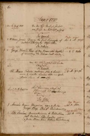 Von dem [...] Drost zu Ilfeld von Reiche der Bibliothek geschenkt. - Von der Admiralität aus London übersandt. - Aus Hannover übersandte Wienerische und italienische Bücher.