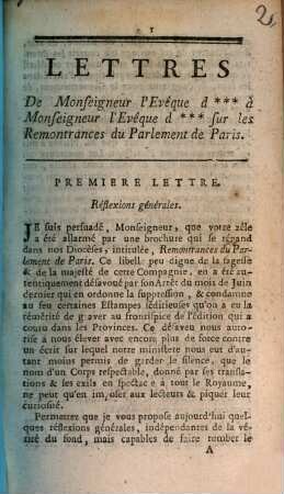 Lettres De Monseigneur l'Evêque d*** à Monseigneur l'Evêque d *** sur les Remontrances du Parlement de Paris