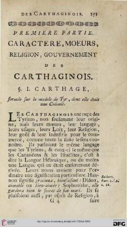 Première partie: Caractère, mœurs, religion, gouvernement des Carthaginois