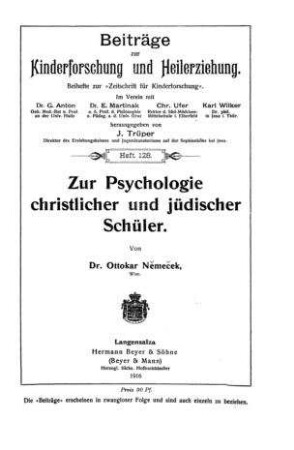 Zur Psychologie christlicher und jüdischer Schüler / von Ottokar Němeček