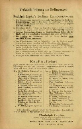 Verkaufs-Ordnung und Bedingungen für Rudolph Lepke's Berliner Kunst-Auctionen