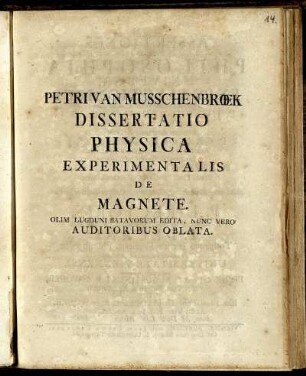 Petri Van Musschenbrœk Dissertatio Physica Experimentalis De Magnete