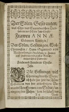 Der Edlen ... Frawen Annae Gebornen Kanitzin, Des ... Herrn Sigmund von Rechenbergs Haußehren ...