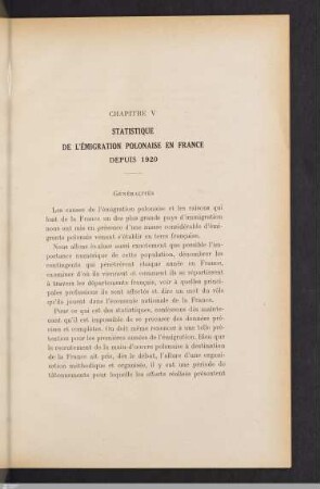 Chapitre V: Statistique de l'émigration polonaise en France depuis 1920.