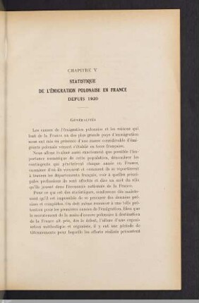 Chapitre V: Statistique de l'émigration polonaise en France depuis 1920.