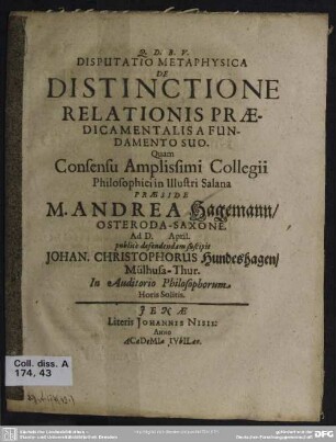 Disputatio metaphysica de distinctione relationis praedicamentalis a fundamento suo
