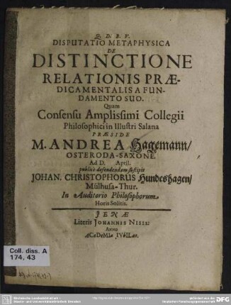 Disputatio metaphysica de distinctione relationis praedicamentalis a fundamento suo