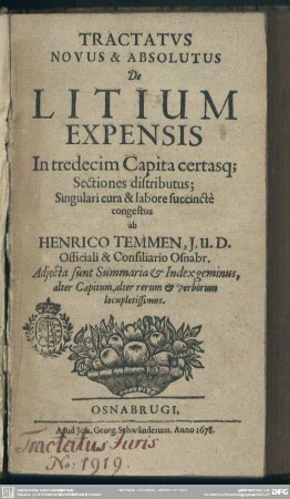 Tractatvs Novus & Absolutus De Litium Expensis : In tredecim Capita certasq[ue] Sectiones distributus; Adjecta sunt Summaria ...