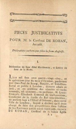 I. Déclaration du sieur Abbé Macdermott, et Lettres du sieur de la Motte
