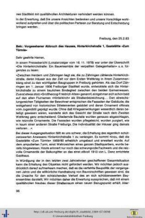 Vorgesehener Abbruch des Hauses, Hinterkirchstraße 1, Gaststätte „Zum Türmle“