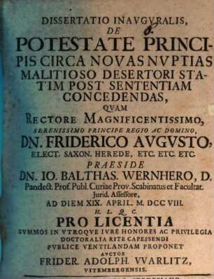 Dissertatio Inavgvralis, De Potestate Principis Circa Novas Nvptias Malitioso Desertori Statim Post Sententiam Concedendas