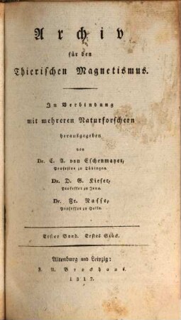Archiv für den thierischen Magnetismus. 1, 1. 1817