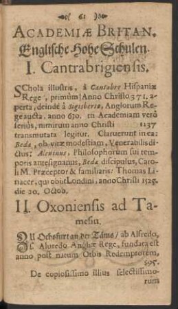 Academiae Britan. Englische Hohe Schulen