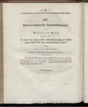 XIV. Meteorologische Beobachtungen zu Hanau am Main gemacht im Laufe des Jahres 1817, und Bestimmung der Höhe dieser Stadt über dem mittelländischen Meere.