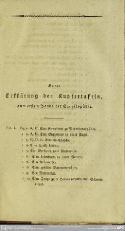 Kurze Erklärung der Kupfertafeln, zum ersten Bande der Encyklopädie