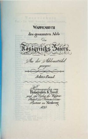 Wappenbuch des gesammten Adels des Königreichs Baiern : aus der Adelsmatrikel gezogen, 8