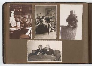 Albumseite mit Interieur, Porträts und Humorbild eines Hundes : Großbürgerliches Familienalbum aus Berlin 1900-1930. Kartoneinband mit Kordelbindung; 25 x 36,5 x 2,5 cm (um 1910). Dresden: SLUB/DF 2017.D.102