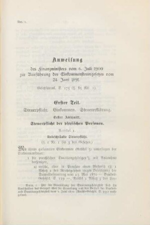 Anweisung des Finanzministers vom 06.Juli 1900 zur Ausführung des Einkommensteuergesetzes vom 24.Juli 1891.