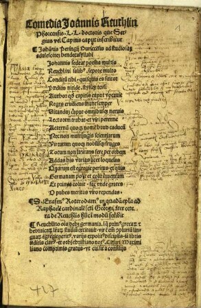 Comedia Joannis Reuchlin// Phorcensis. L.L. doctoris qu[a]e Ser-//gius vel Capitis caput inscribitur