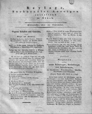 1802-09-15 : Beylage, Buchhändler Anzeigen enthaltend. 10. Stück.