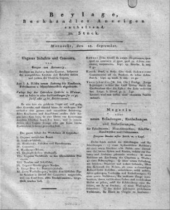 1802-09-15 : Beylage, Buchhändler Anzeigen enthaltend. 10. Stück.