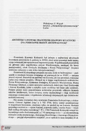 3: Architekt lwowski Franciszek Ksawery Kulczycki (Na podstawie badań archiwalnych)
