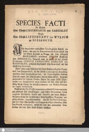 Species facti In Sachen Des Obrist-Lieutenants von Raesfeldt Gegen Den Obrist-Lieutenant von Wylich zu Diesfurth